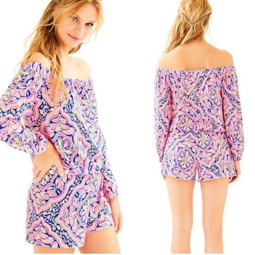 Lilly Pulitzer Pink and Blue Off-Shoulder Romper